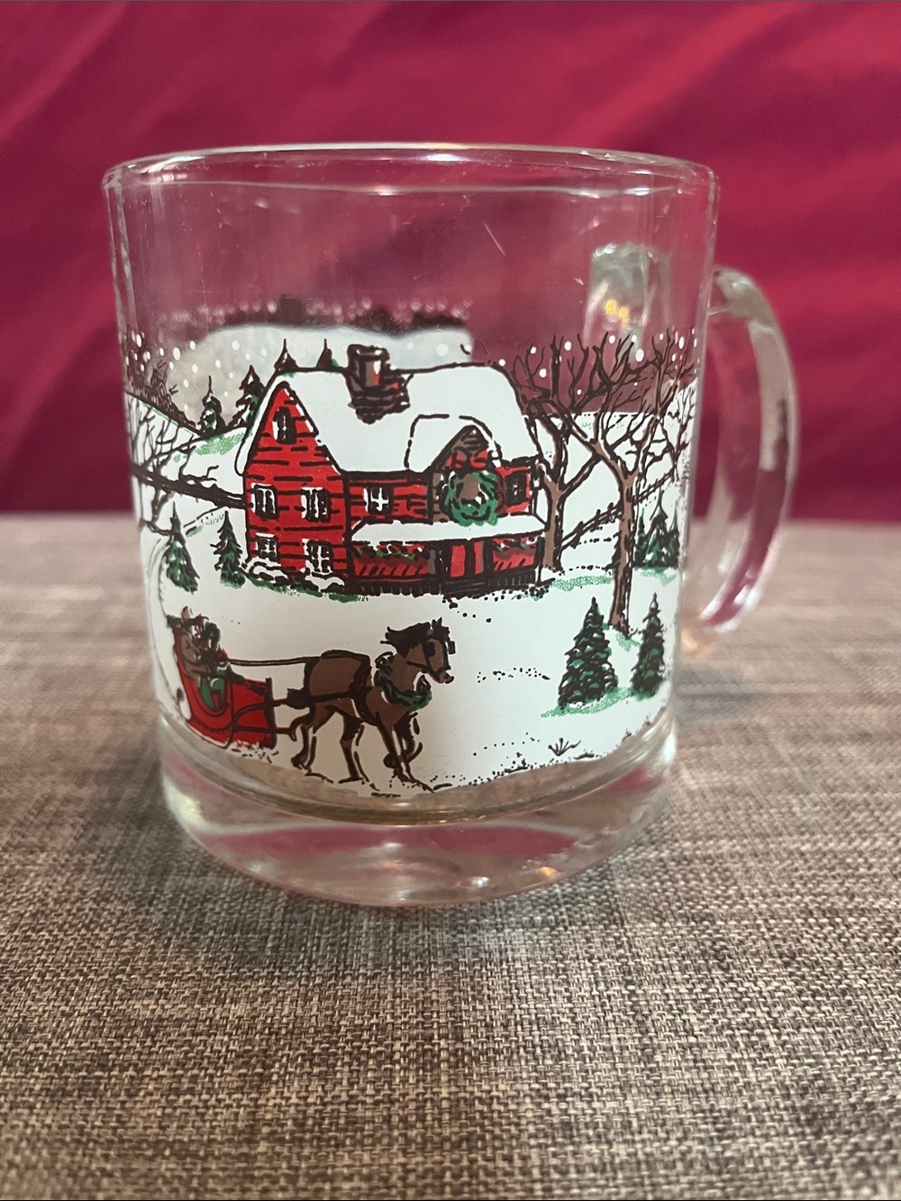 Festive Red Cabin Holiday Glass Mug with Winter Sleigh Scene